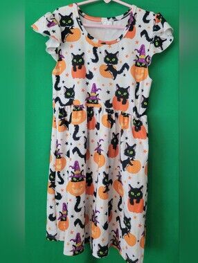 Halloween Black Cat Pumpkin Kids Costume Dress White & Orange 3XL Girls 6 7 8
